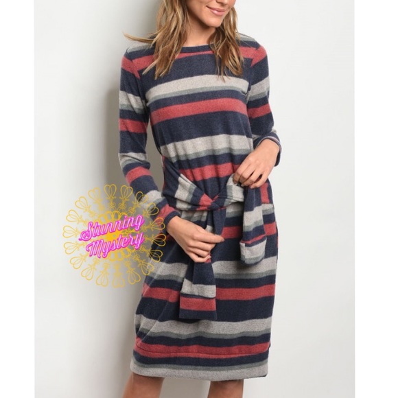 Striped Long Sleeve Belted Dress - Picture 2 of 8